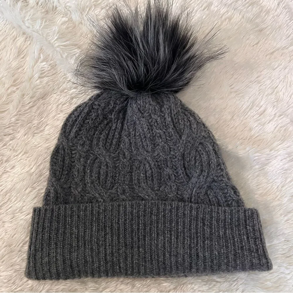 Nordstrom Gray Wool Cashmere Blend Cable Knit Beanie with Pom Pom NEW MSRP $60